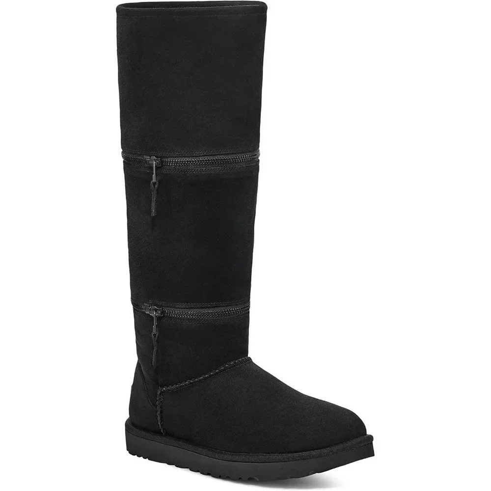 NIB UGG WOMEN'S‎ ULTRA TALL SUEDE SHEARLING LINED ZIPPER ACCENT BOOTS BLACK